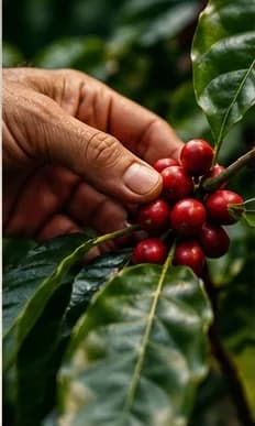 Close-up of ripe red coffee cherries and green leaves on the branch