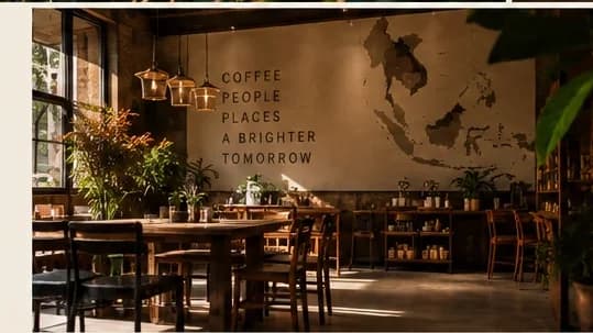 Warm interior of Saigon specialty coffee shop with wood shelves and vintage map